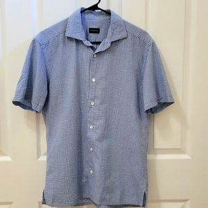 ERMENEGILDO ZEGNA Check pattern Short-Sleeve Cotton Shirt in Blue/White size M